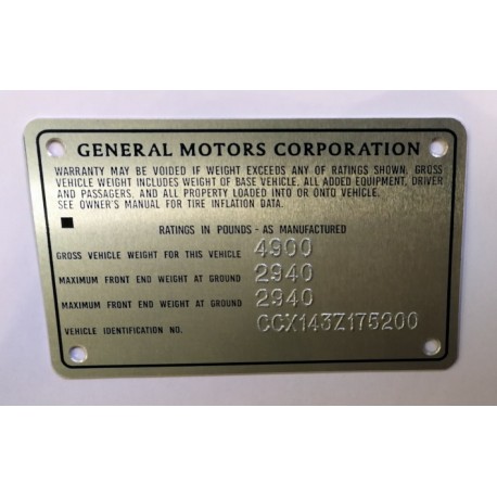 Dashboard / Windshield VIN PLATE With Barcode GM STYLE Vehicle  Identification Number Aluminum id Tag with custom engraving of your serial  number and