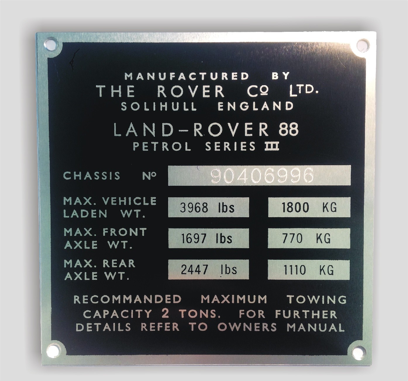 Typenschild Schild LandRover ID-Plate data 109 Diesel series 3 III S39 rover